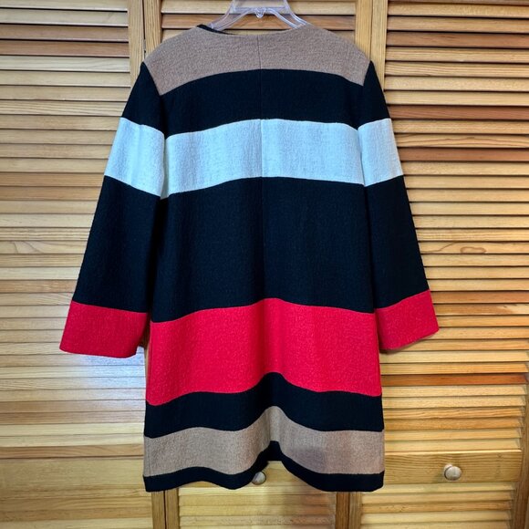 Chico’s Wool Striped Coat Jacket Size 2 Black Red Tan Ivory - Picture 7 of 12